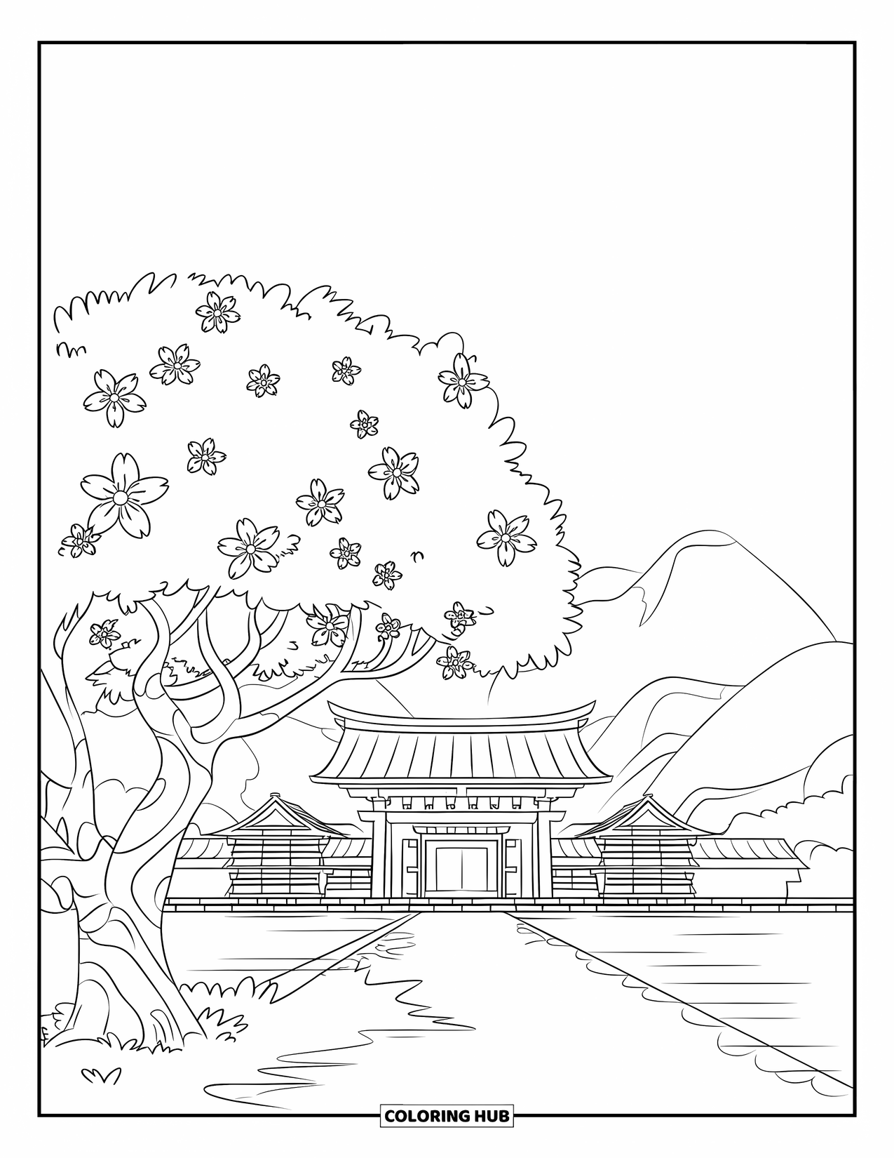 Cherry Blossom Coloring Page for Kids: A tree in bloom near a large temple gate with mountains in the distance