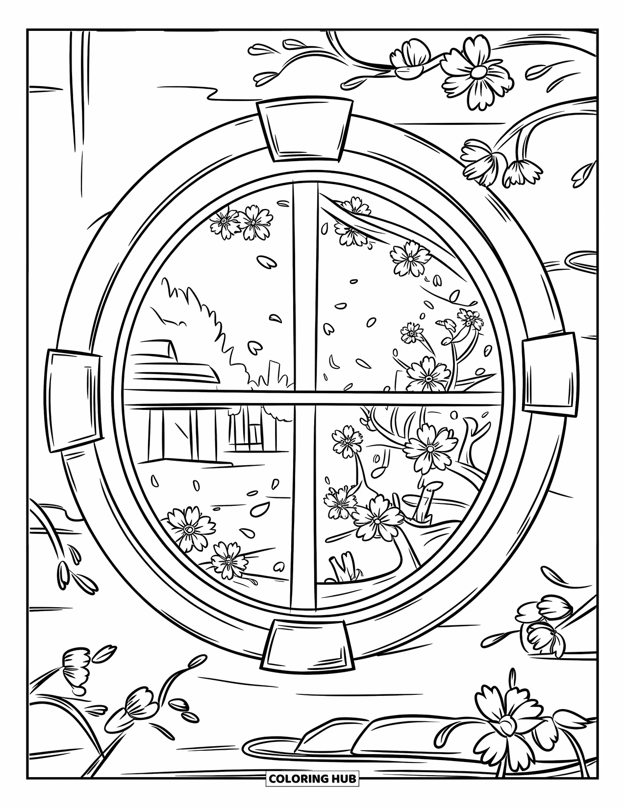 Cherry Blossom Coloring Page for Kids: An arched window with petals and branches in a calm outdoor setting