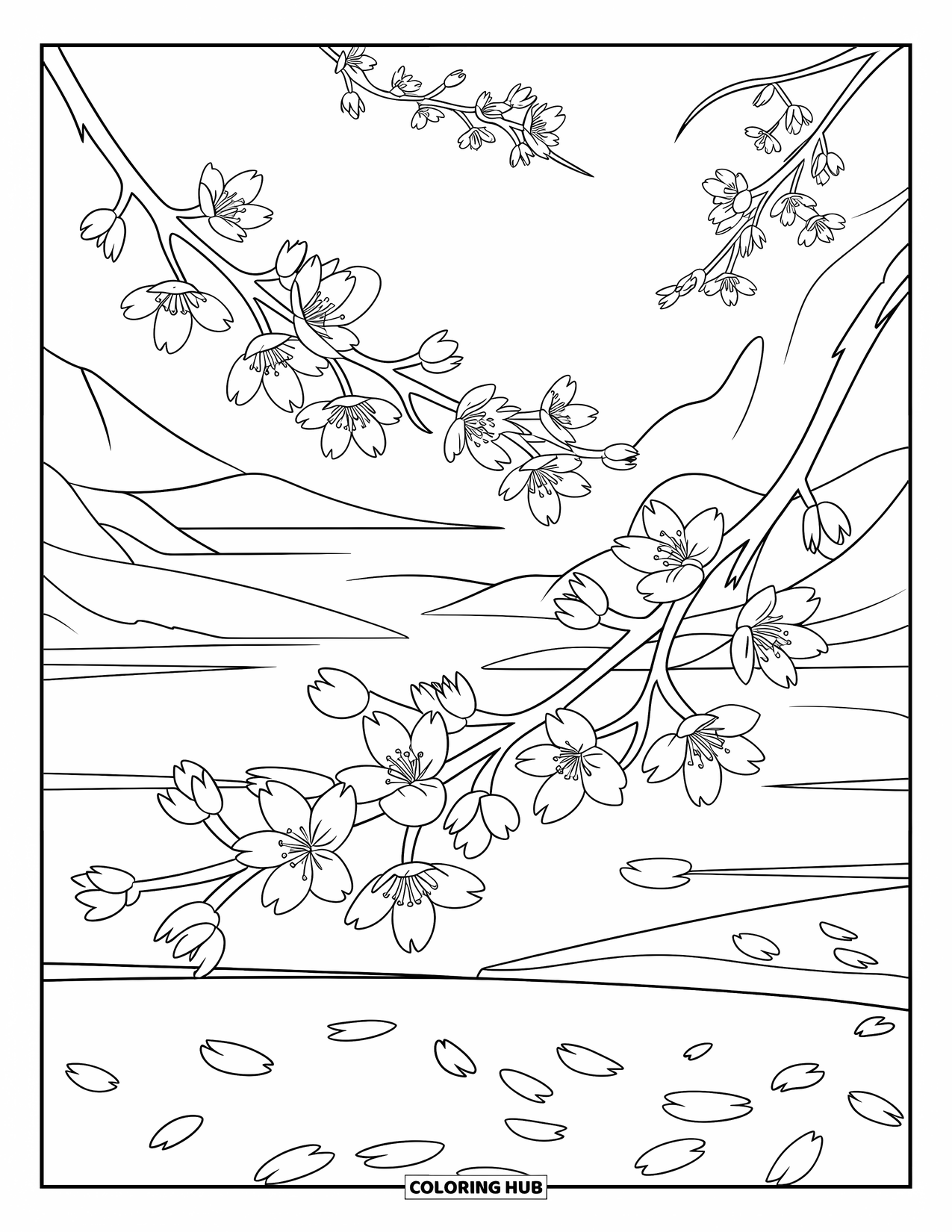 Cherry Blossom Coloring Page for Kids: Cherry blossom branches above a peaceful lake and distant mountains