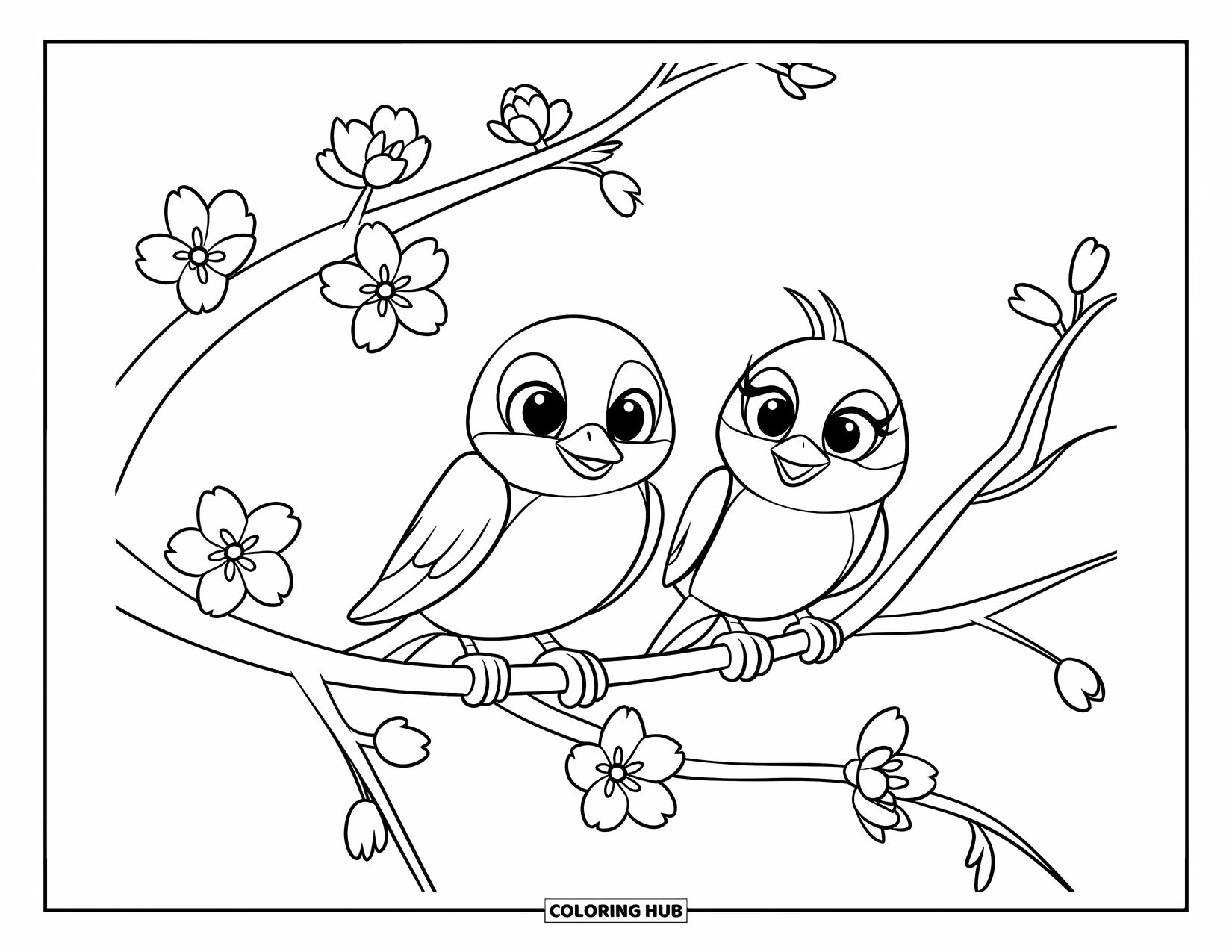 Cherry Blossom Coloring Page for Kids: Two birds sit sweetly on a cherry blossom branch