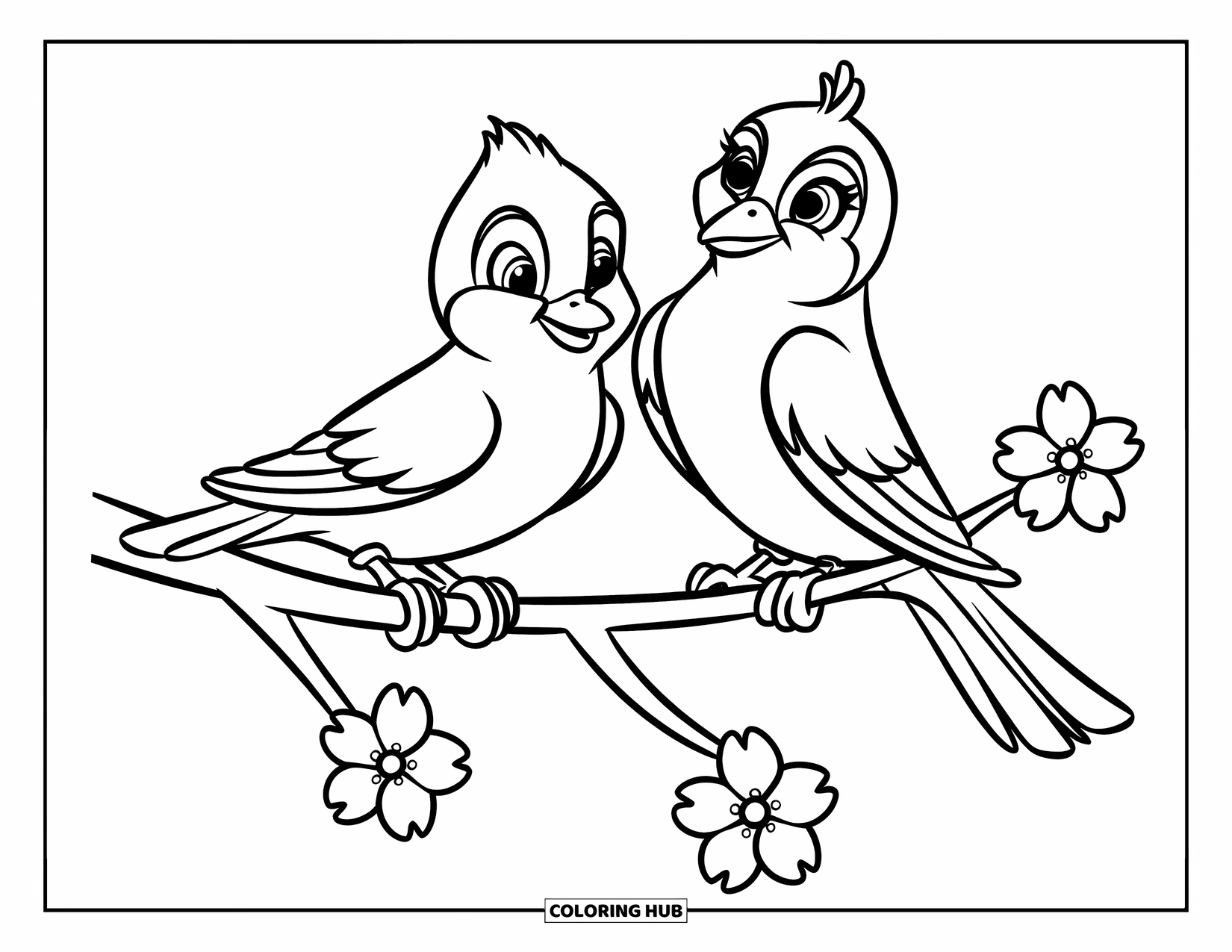 Cherry Blossom Coloring Page for Kids: Two happy birds perched on a branch with a few cheerful flowers