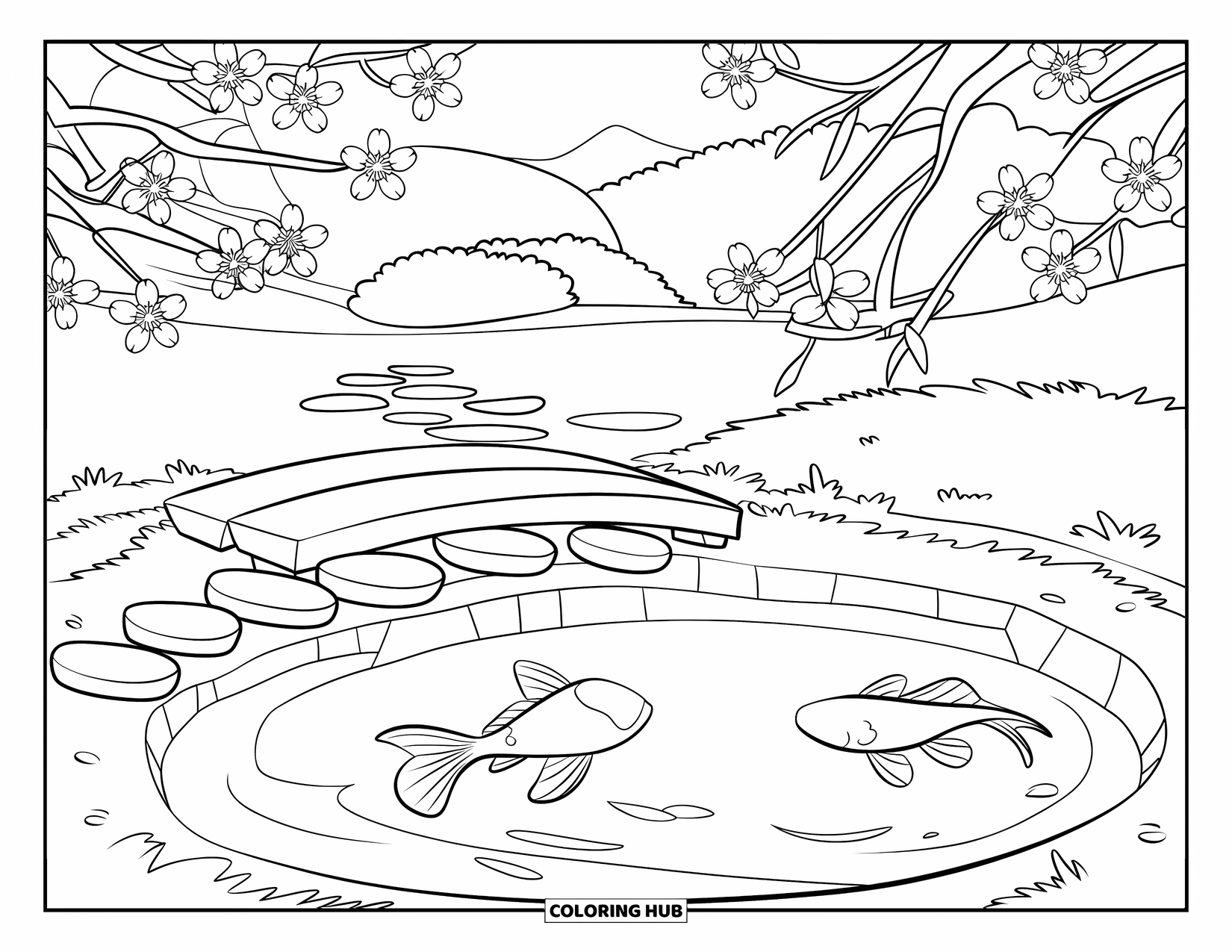 Cherry Blossom Coloring Page for Kids: Two koi fish swim in a pond beside a bridge and blooming trees