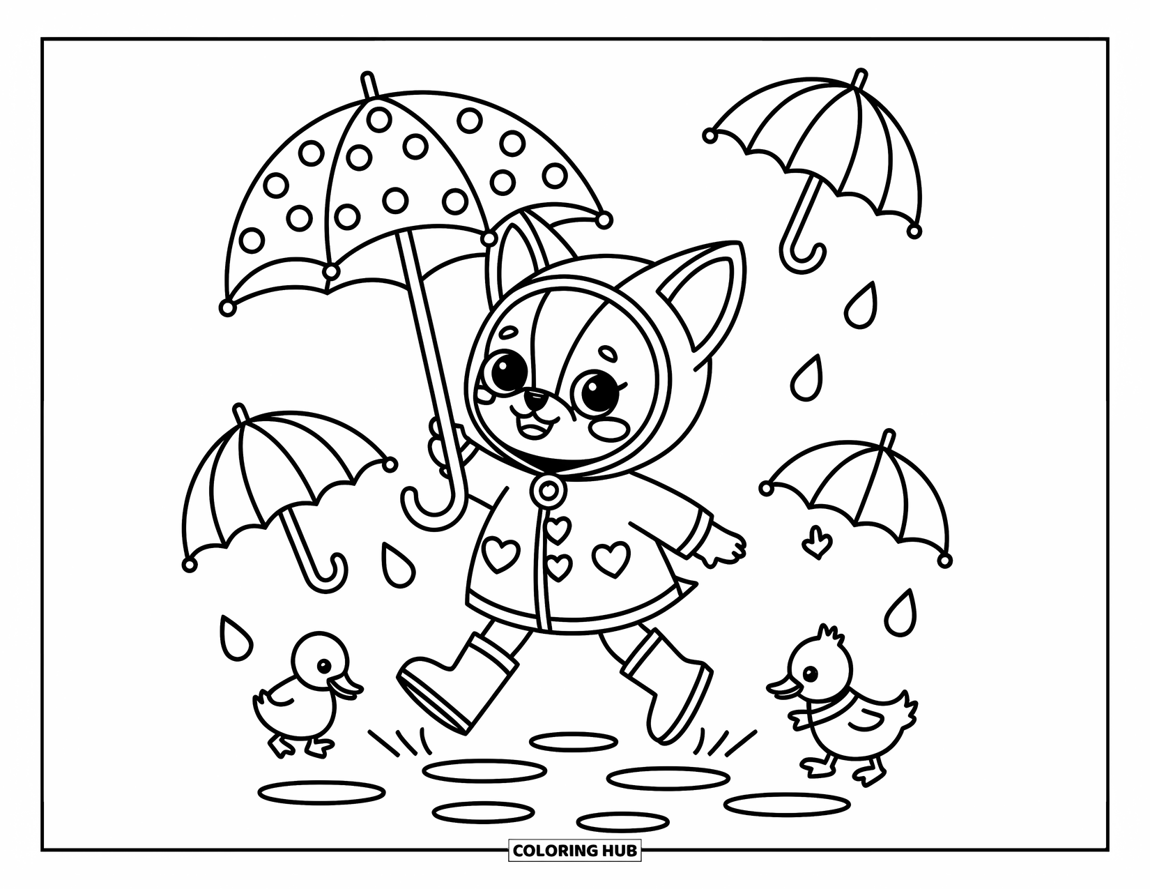 Chihuahua Coloring Page for Adults: Chihuahua hops through puddles in boots and a heart-buttoned raincoat