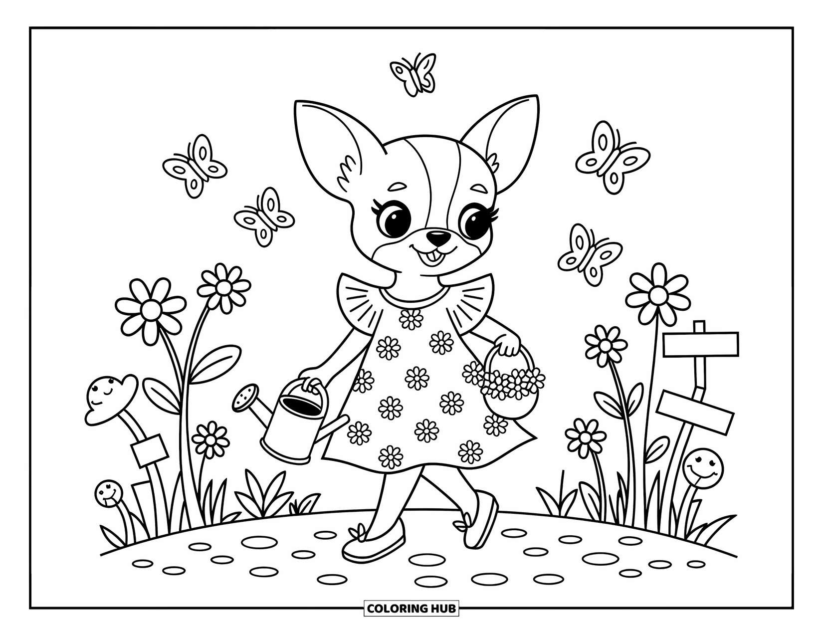 Chihuahua Coloring Page for Adults: Chihuahua in a daisy dress waters flowers with butterflies and garden signs nearby