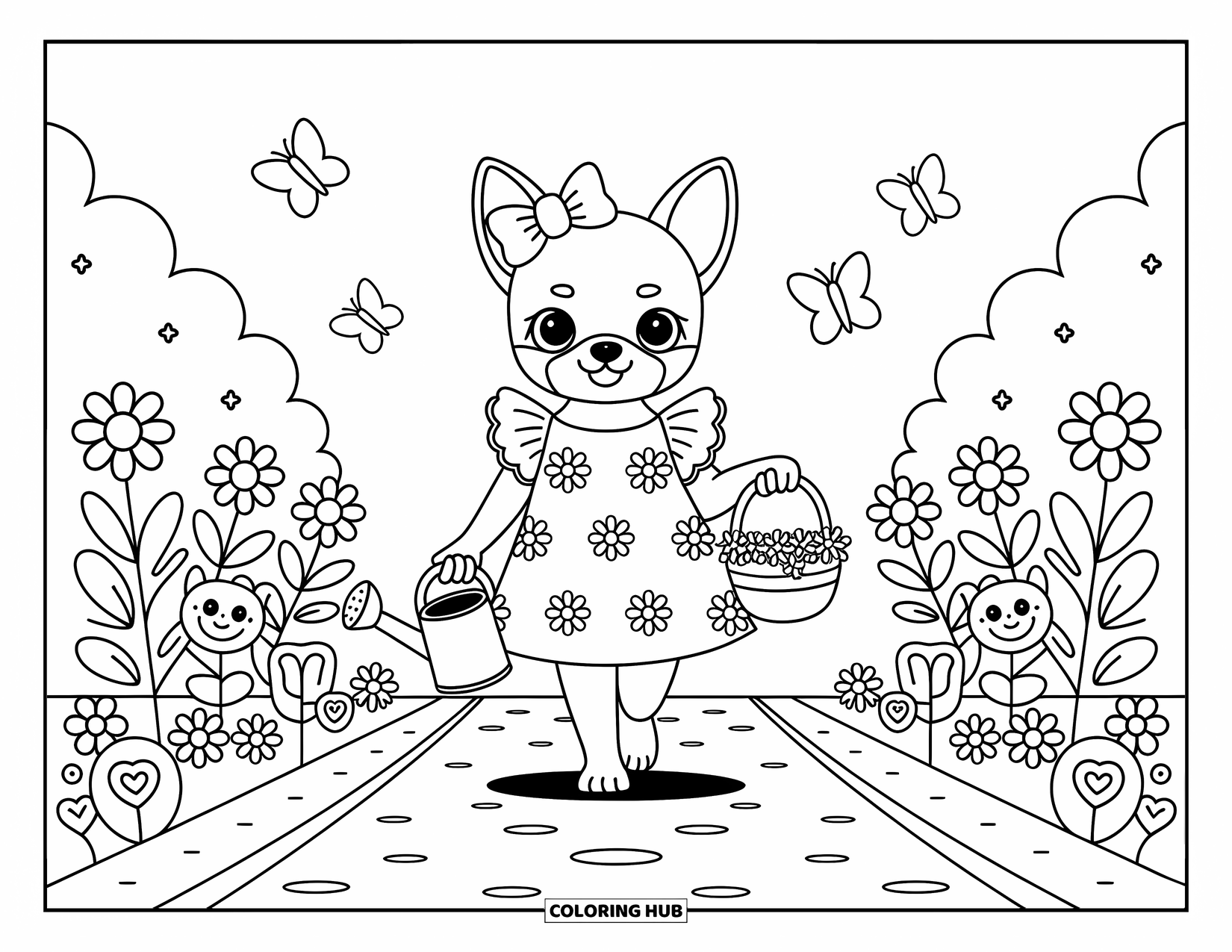 Chihuahua Coloring Page for Adults: Chihuahua in a flutter dress walks a blooming path with butterflies and cheerful flowers