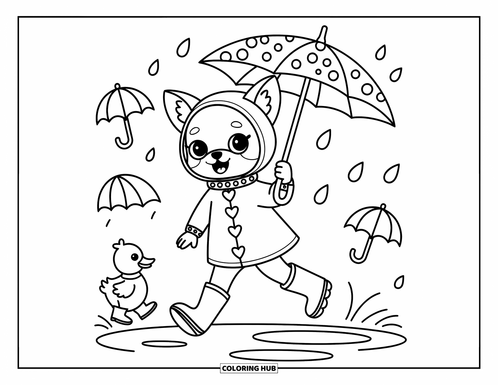 Chihuahua Coloring Page for Adults: Chihuahua in a raincoat jumps over puddles with a polka-dot umbrella and duckling friend