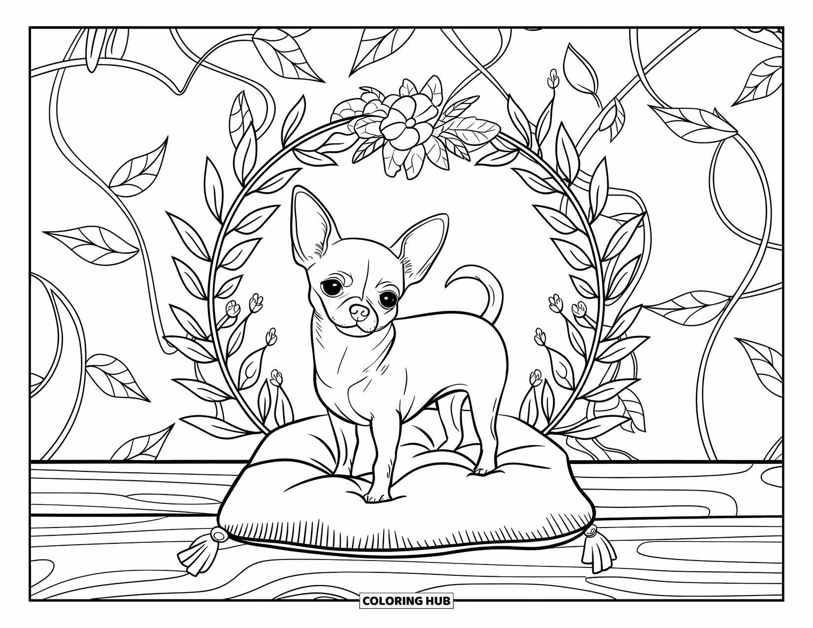 Chihuahua Coloring Page for Adults: Chihuahua on a cushion surrounded by a full floral and leafy frame
