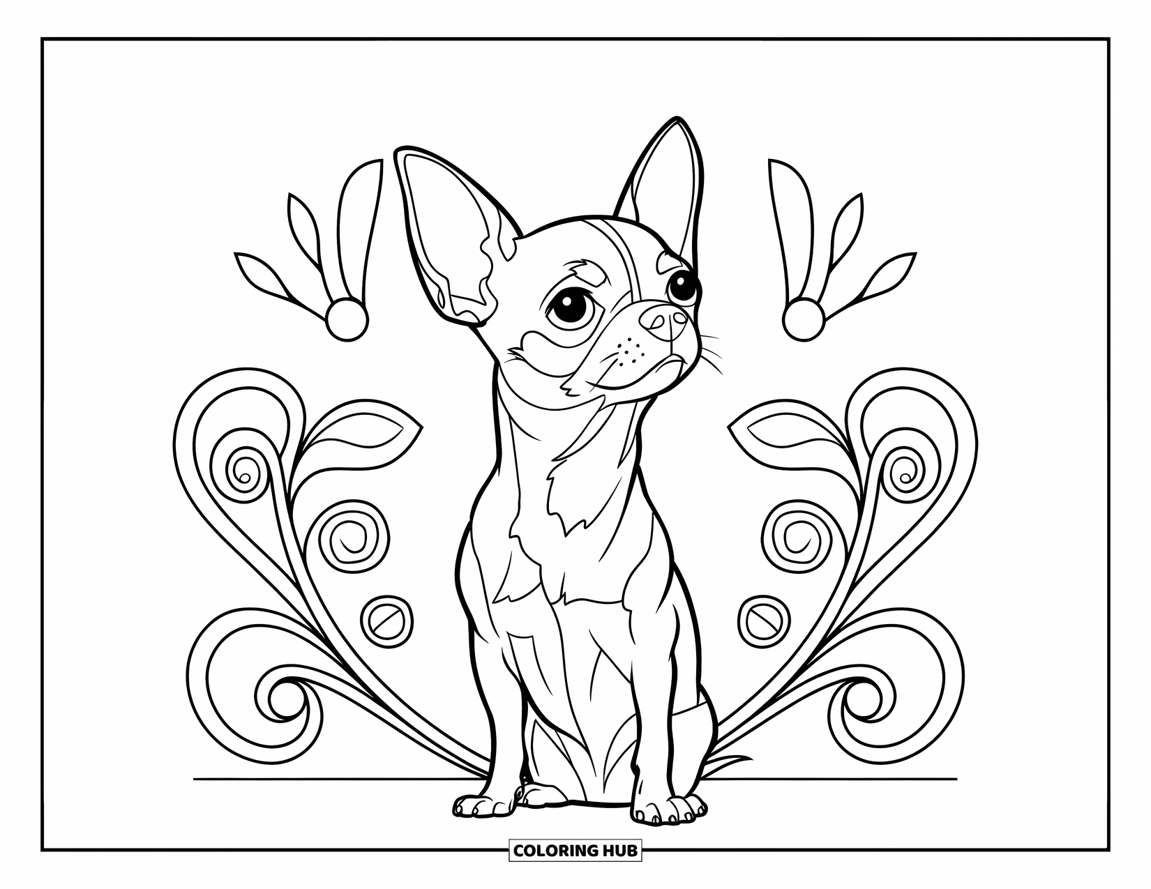 Chihuahua Coloring Page for Adults: Chihuahua sits calmly, framed by stained glass petals and swirling shapes