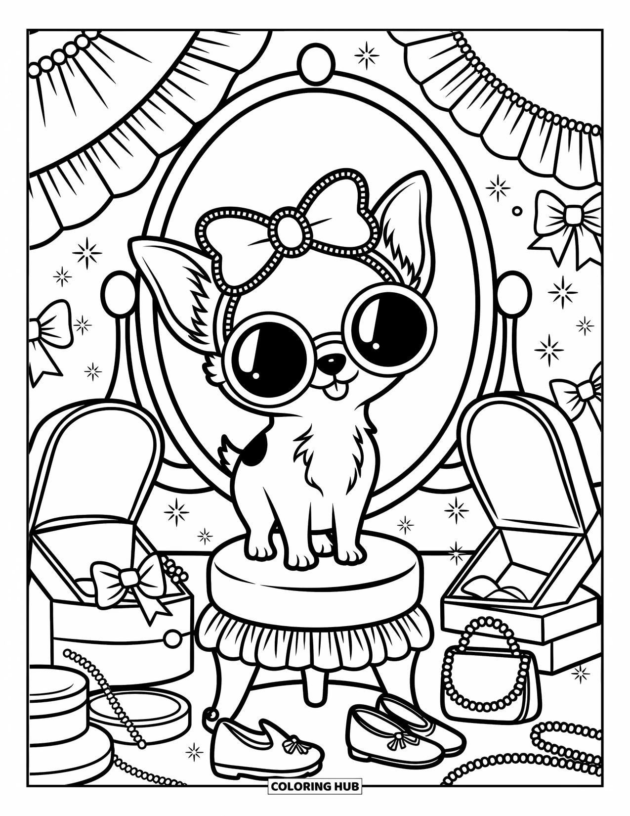 Chihuahua Coloring Page for Adults: Chihuahua stands on a stool trying on a bow and sunglasses at a stylish vanity