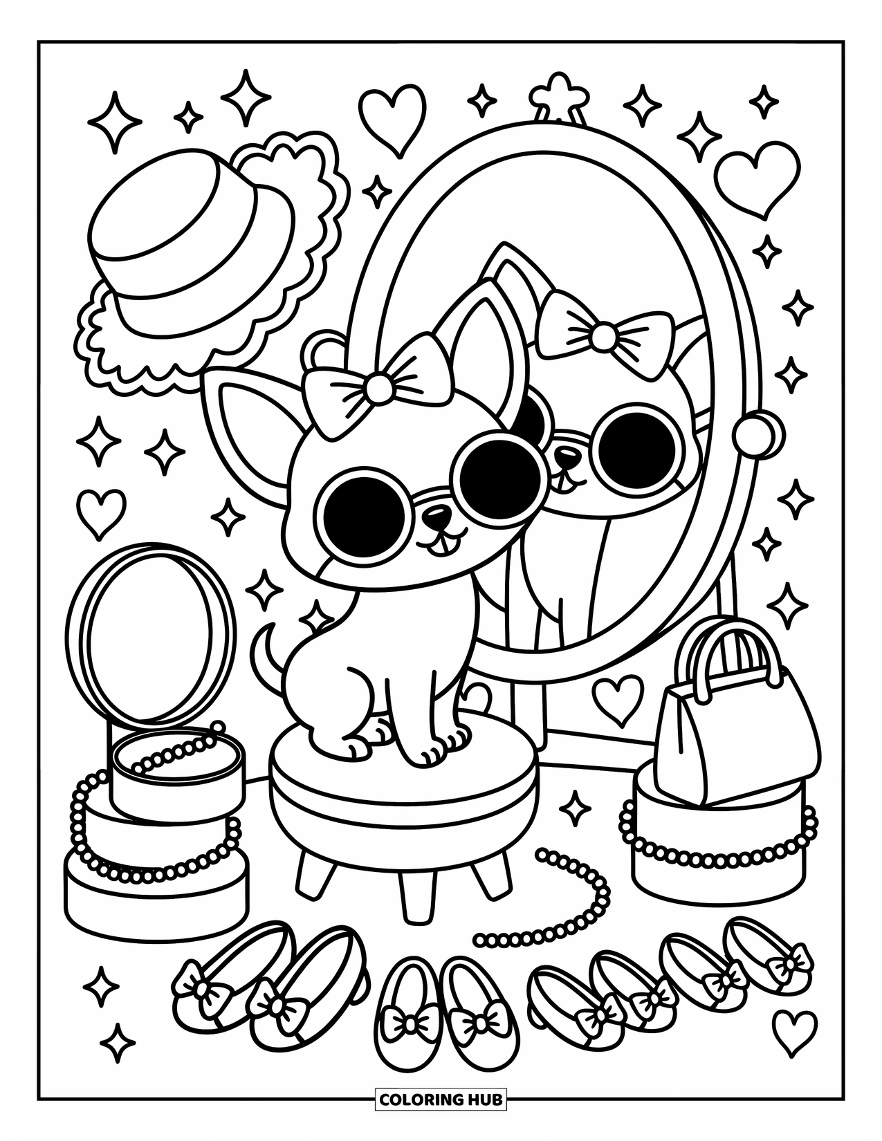 Chihuahua Coloring Page for Adults: Chihuahua tries on fashion accessories in front of a mirror full of cute details