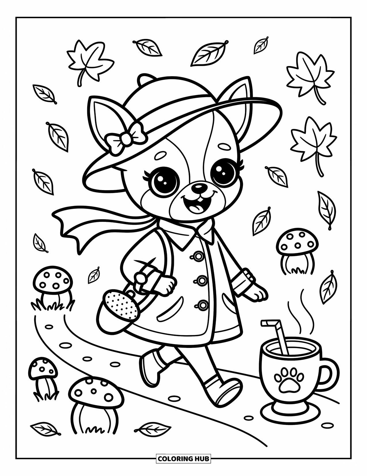 Chihuahua Coloring Page for Adults: Cozy autumn path with a chihuahua in a coat, scarf, and satchel