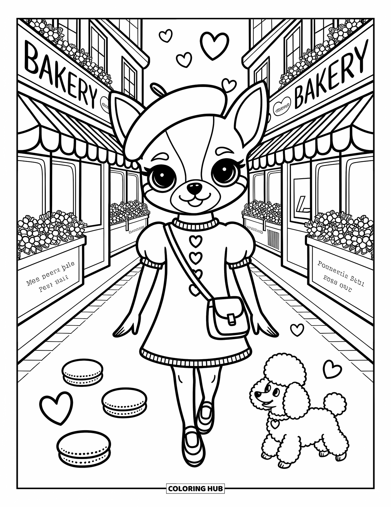 Chihuahua Coloring Page for Adults: Parisian stroll as a chihuahua in a satchel and beret passes flower carts and hearts
