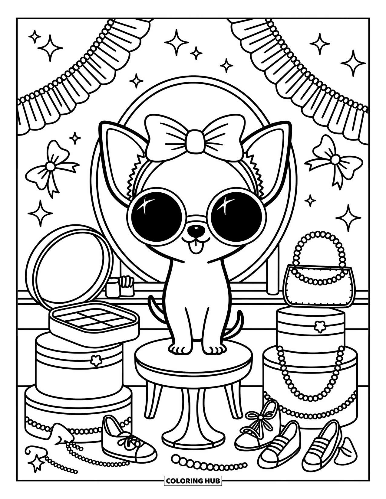 Chihuahua Coloring Page for Adults: Tiny chihuahua tries on a headband and glasses at a vanity surrounded by dainty items