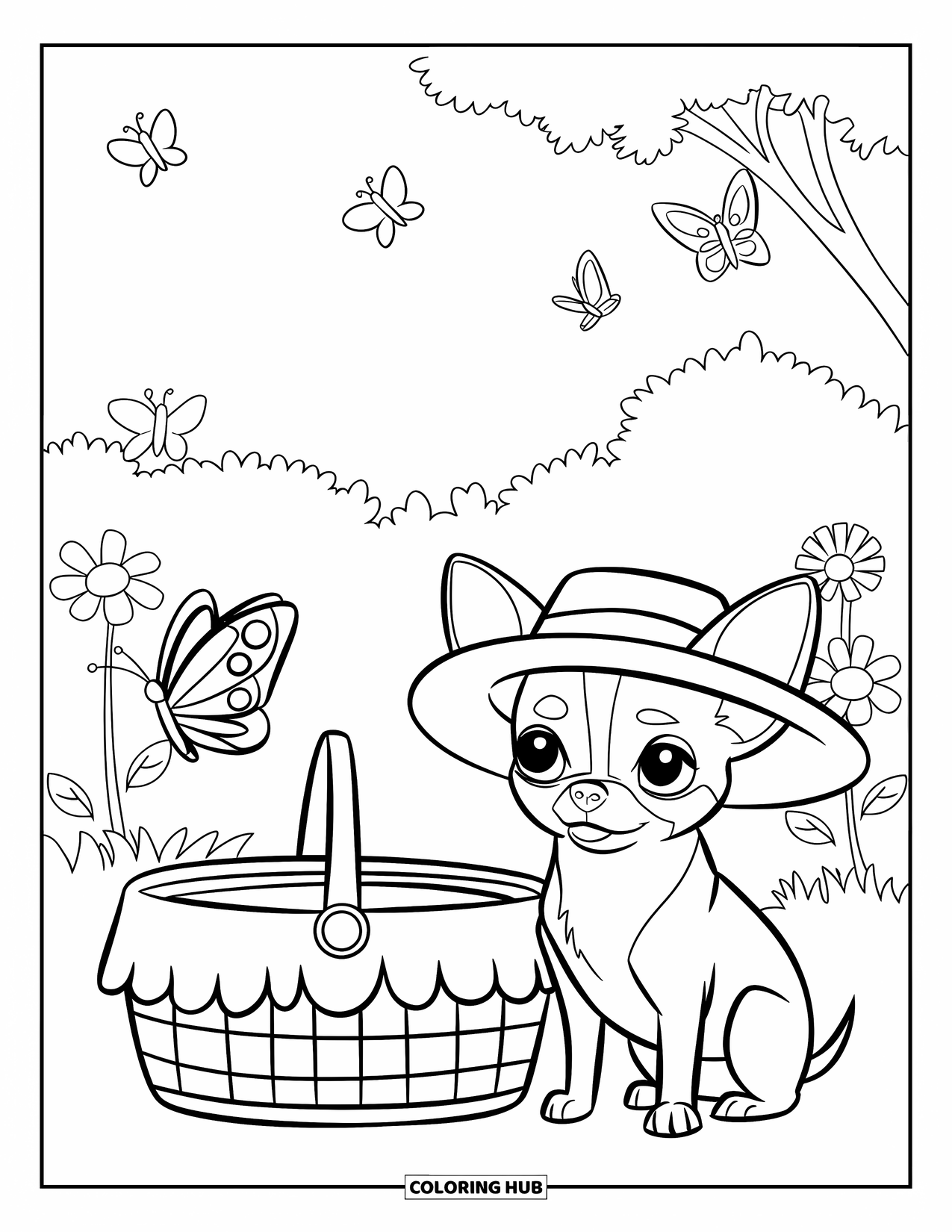 Chihuahua Coloring Page for Kids: Chihuahua and butterfly relax by a picnic basket among trees and flowers