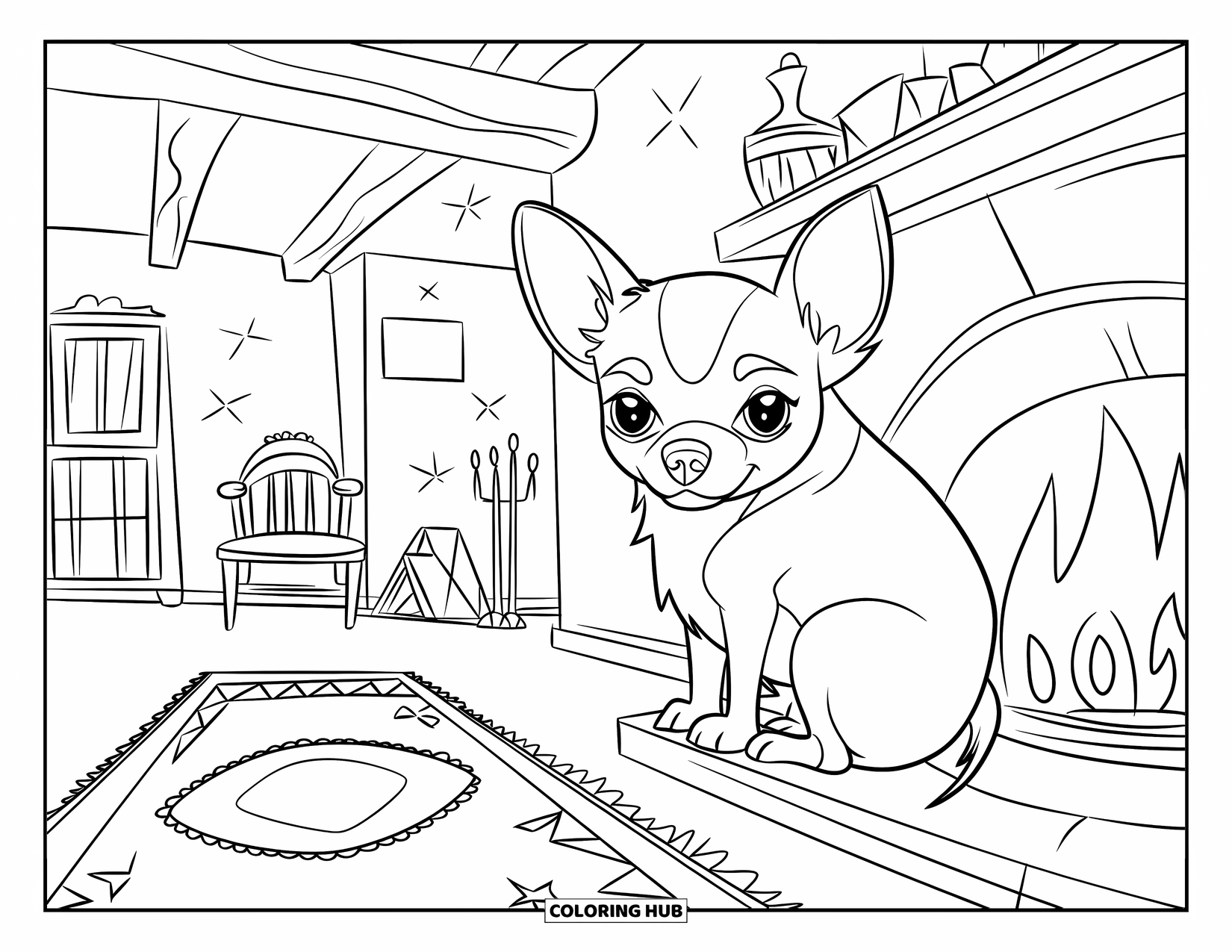 Chihuahua Coloring Page for Kids: Chihuahua cozies up near a festive fireplace in a wooden room