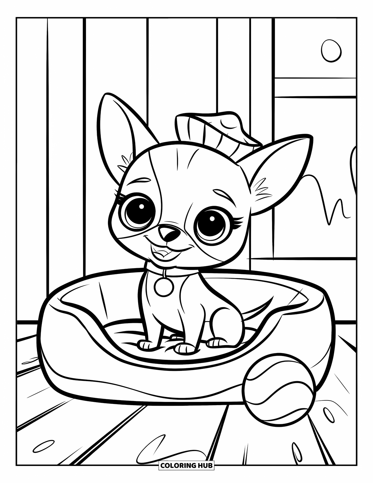 Chihuahua Coloring Page for Kids: Chihuahua in a cute hat relaxes with a ball nearby