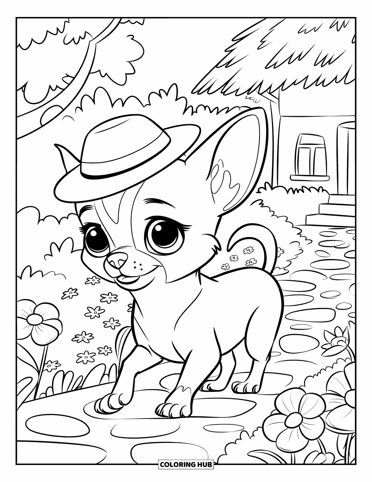 Chihuahua Coloring Page for Kids: Chihuahua in a hat walks by a garden cottage