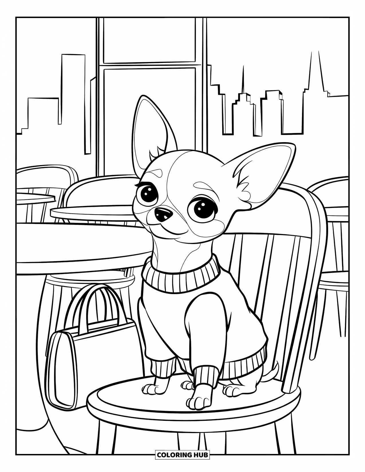 Chihuahua Coloring Page for Kids: Chihuahua in a sweater relaxes in a cozy café with its bag