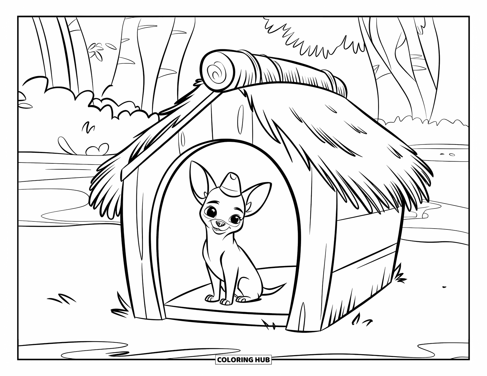 Chihuahua Coloring Page for Kids: Chihuahua in a tiny hat sits happily inside a dog house