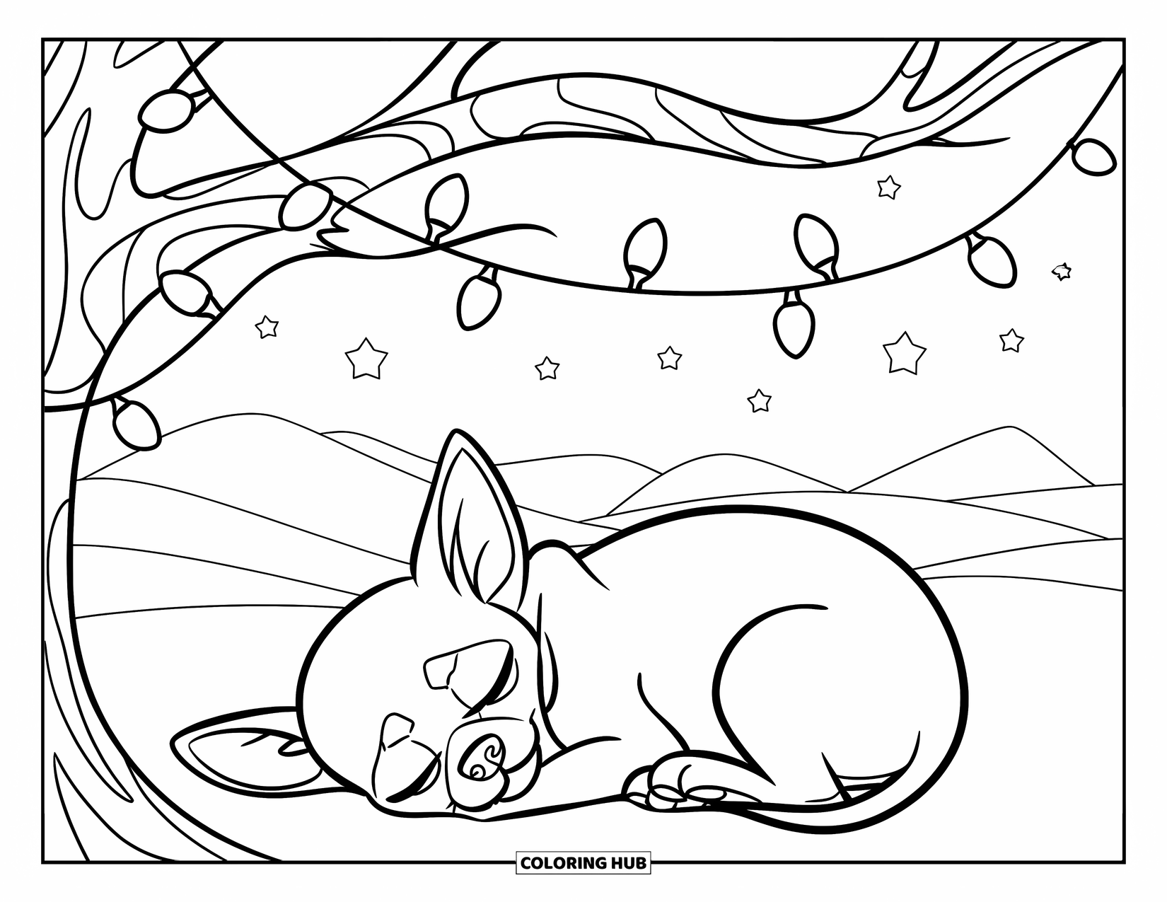 Chihuahua Coloring Page for Kids: Chihuahua naps under fairy lights and stars in a peaceful landscape