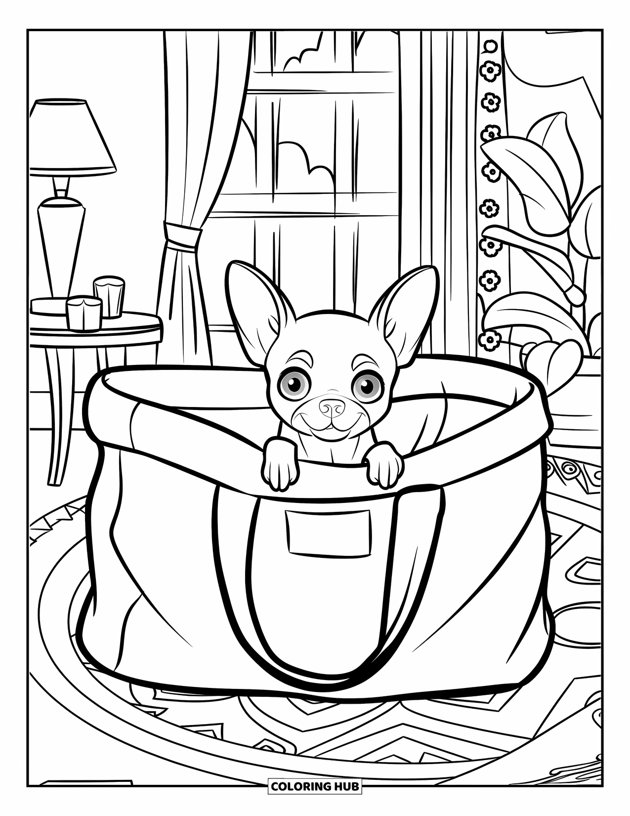 Chihuahua Coloring Page for Kids: Chihuahua peeks out of a tote bag on a patterned rug