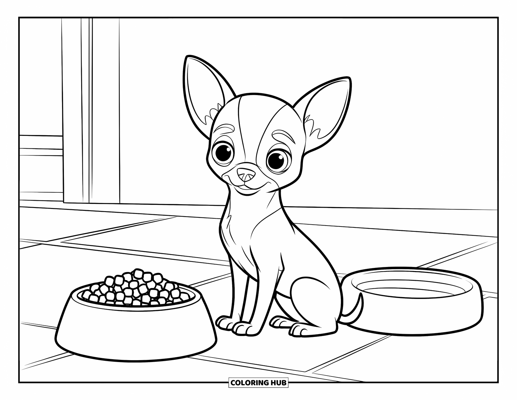 Chihuahua Coloring Page for Kids: Chihuahua sits beside a food bowl and water dish on a clean floor