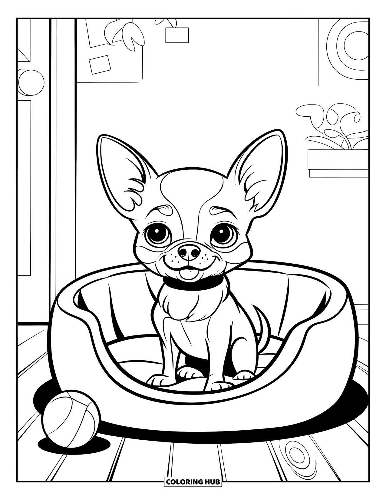 Chihuahua Coloring Page for Kids: Chihuahua sits in a dog bed on a wooden floor