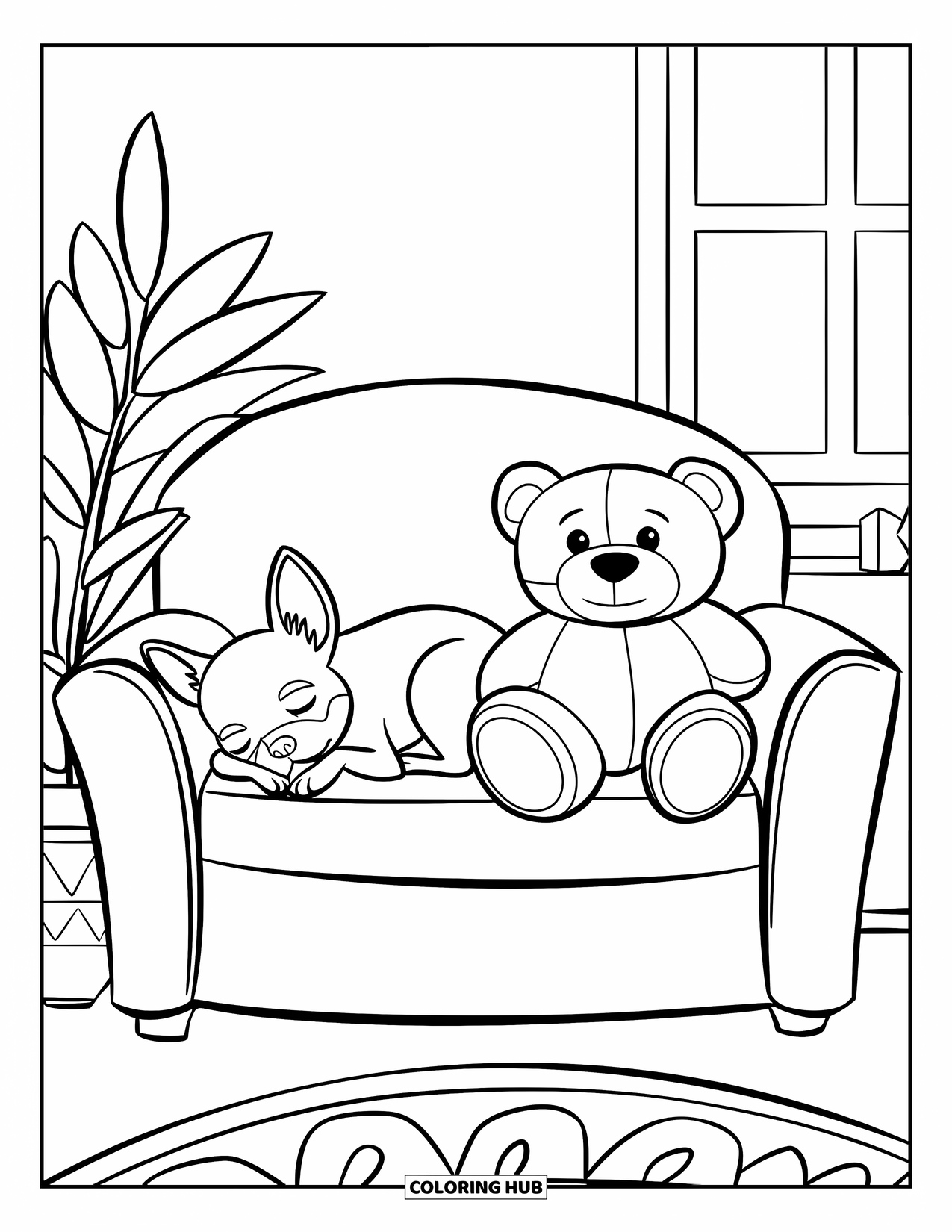 Chihuahua Coloring Page for Kids: Chihuahua snoozes beside a teddy bear in a cozy living room
