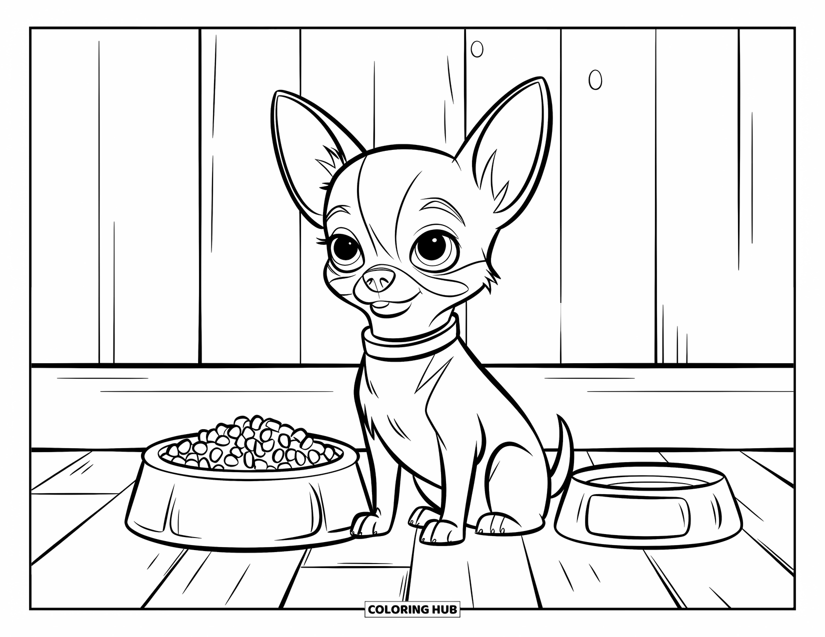 Chihuahua Coloring Page for Kids: Chihuahua waits beside its kibble and water on a wooden floor