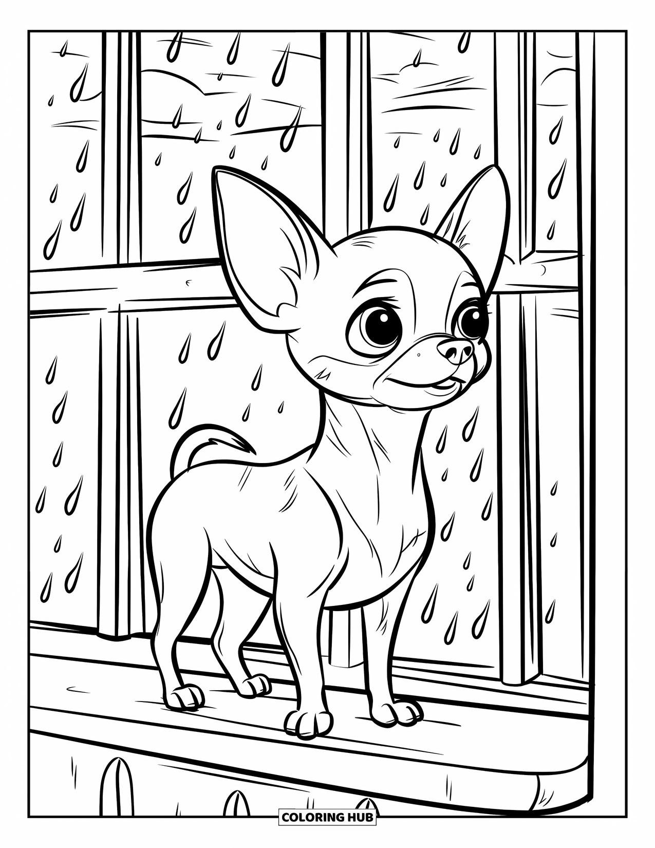 Chihuahua Coloring Page for Kids: Chihuahua watches raindrops from a windowsill, ears perked