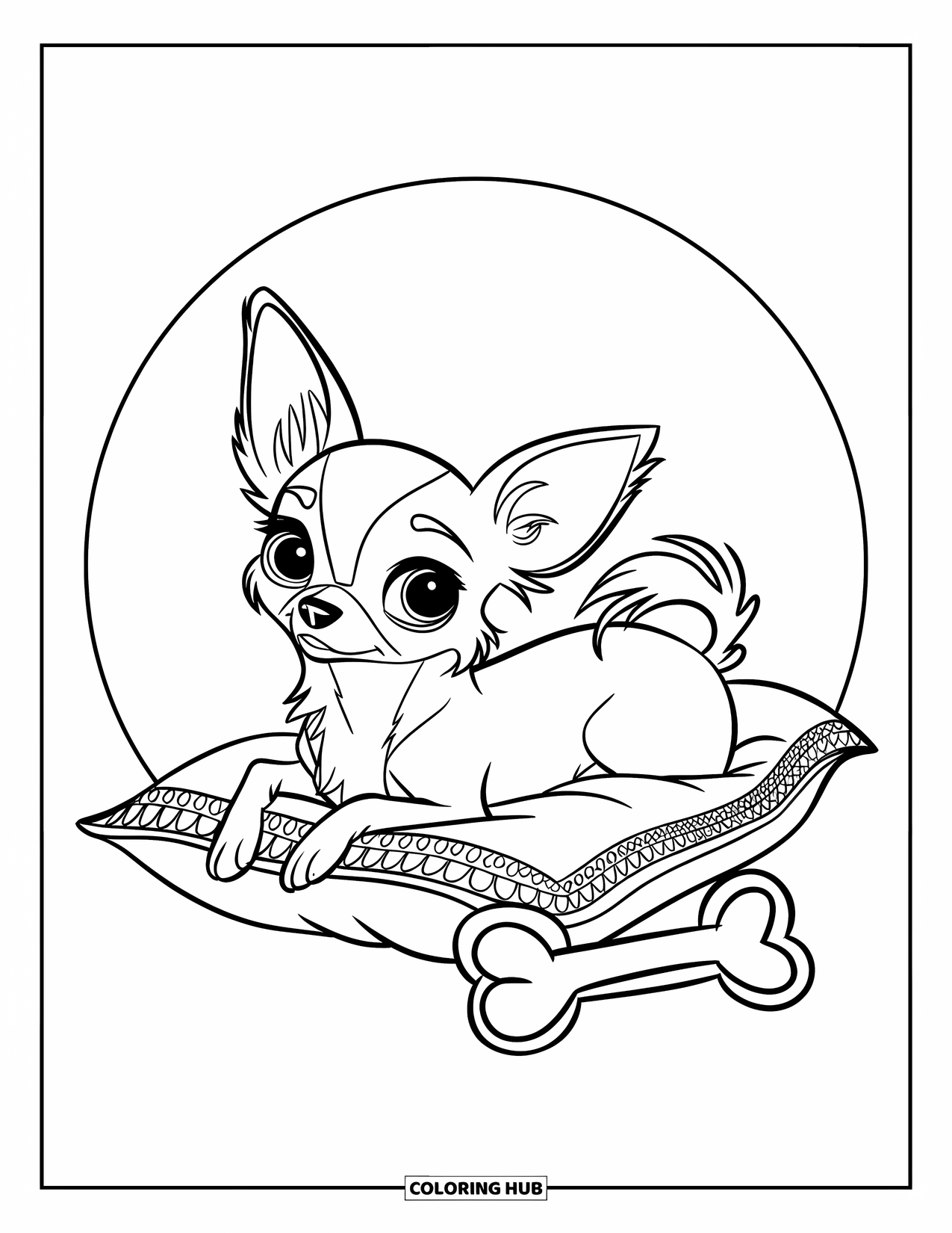 Chihuahua Coloring Page for Kids: Chihuahua with big eyes naps on a lacy pillow
