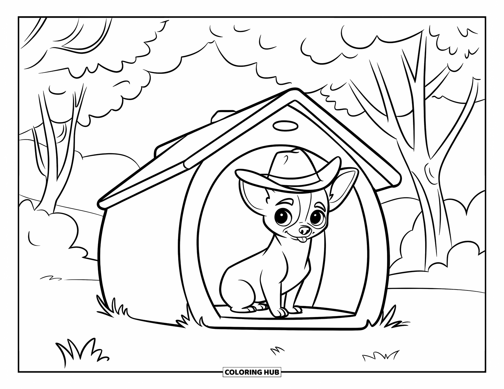 Chihuahua Coloring Page for Kids: Cowboy hat-wearing Chihuahua relaxes in a grassy dog house