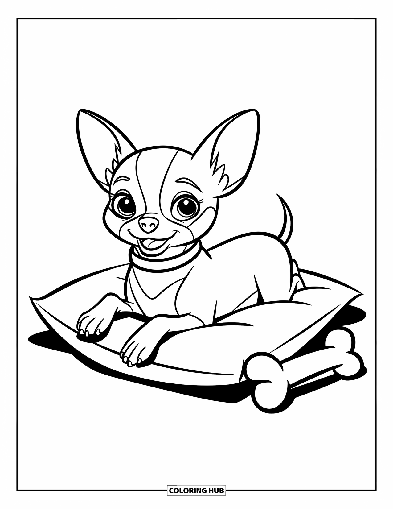 Chihuahua Coloring Page for Kids: Happy Chihuahua rests on a pillow beside a bone