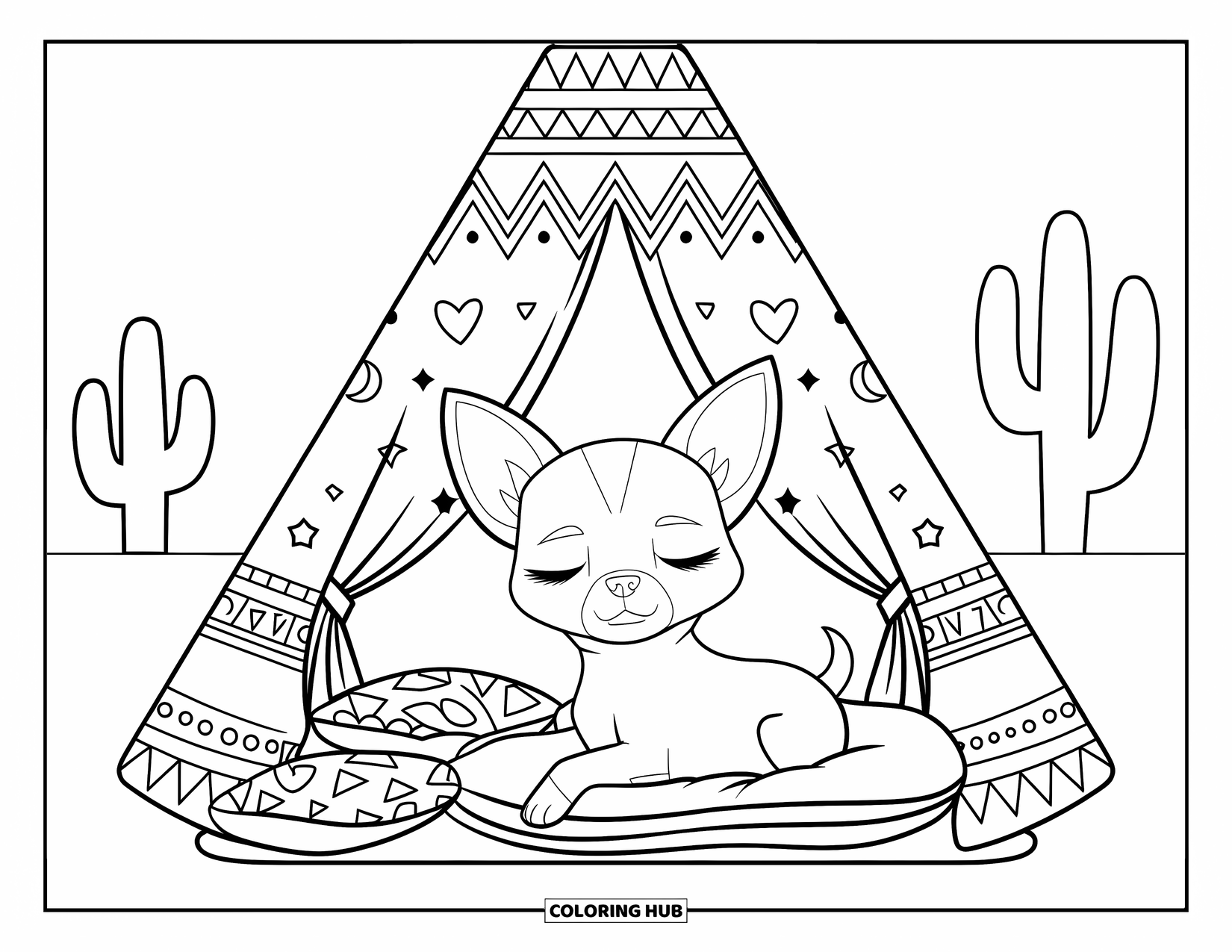 Chihuahua Coloring Page for Kids: Sleepy chihuahua rests in a star-patterned teepee near desert cacti