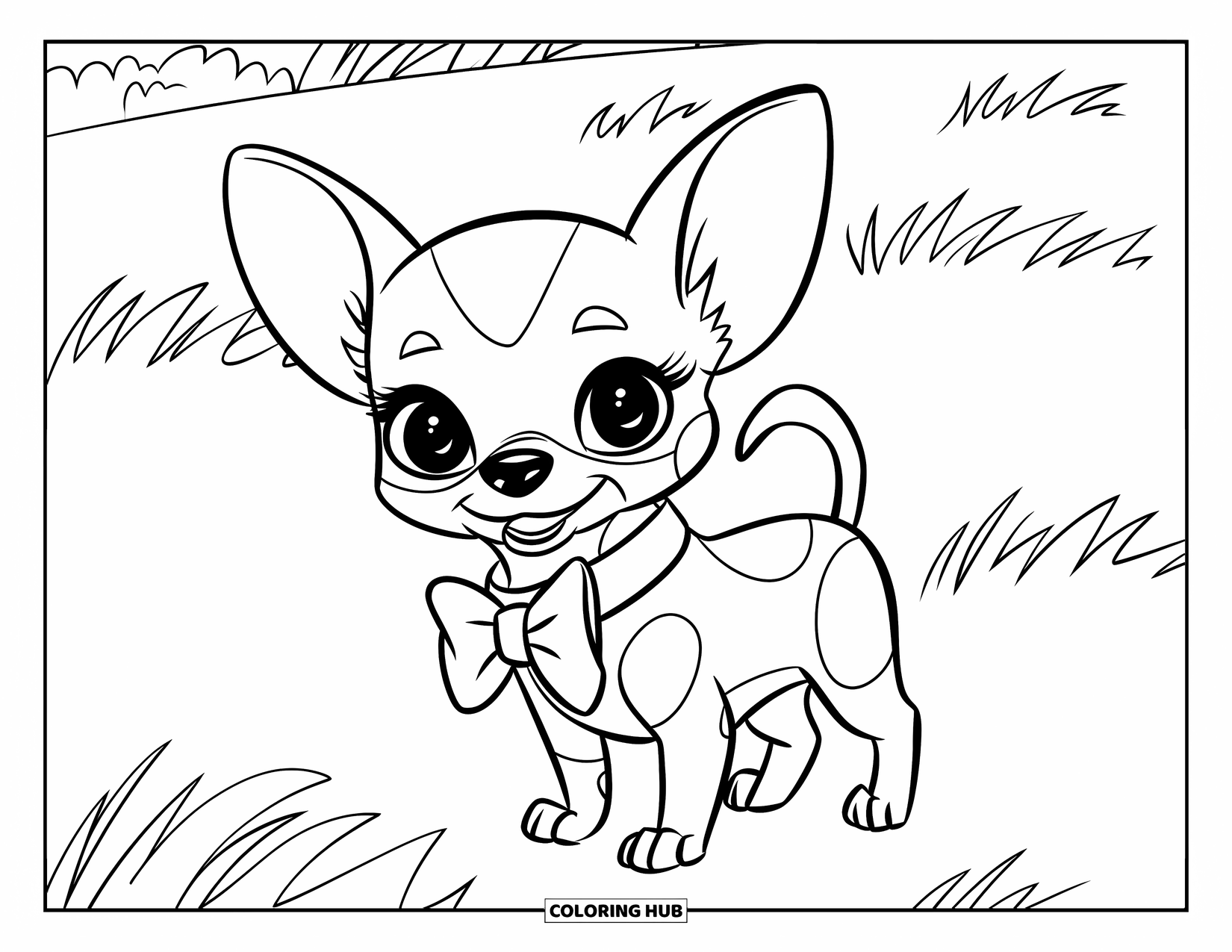 Chihuahua Coloring Page for Kids: Tiny Chihuahua stands proudly with a big bow on its collar
