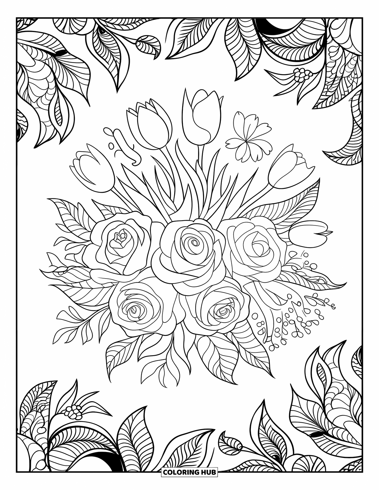 Coral Coloring Page for Adults: A coral bouquet blends with leafy mandalas for a cozy ocean design