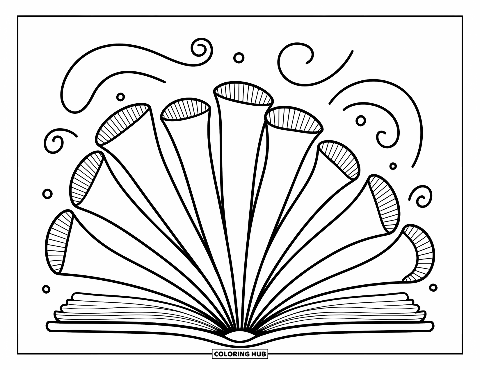 Coral Coloring Page for Adults: A graceful fan coral spreads like an open book with swirls and gentle water flow