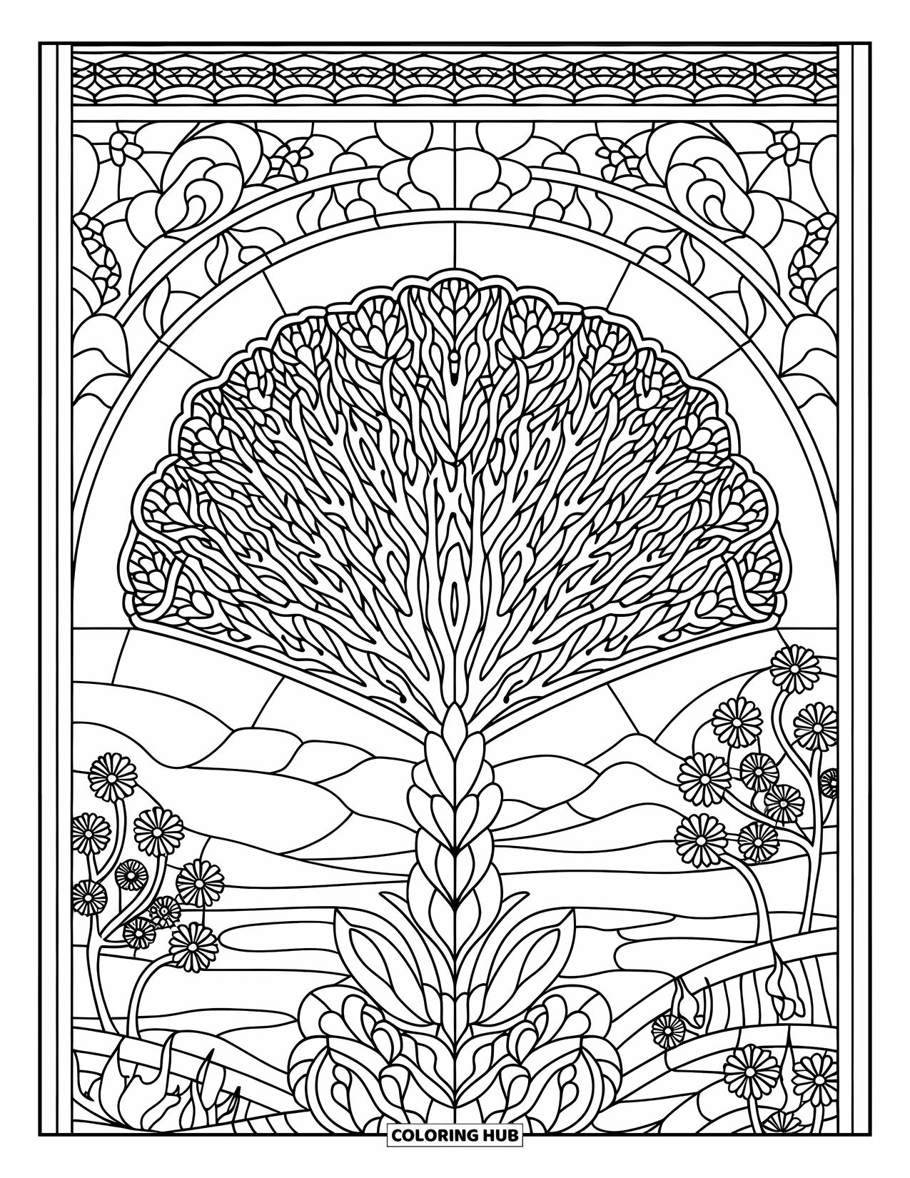 Coral Coloring Page for Adults: A large coral fan is set in stained glass with trees and water in the background