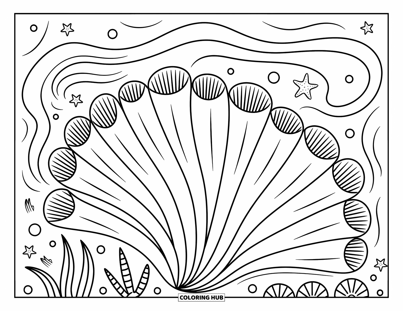 Coral Coloring Page for Adults: Fan coral arches softly across the page, framed by cute seashells and cheerful bubbles