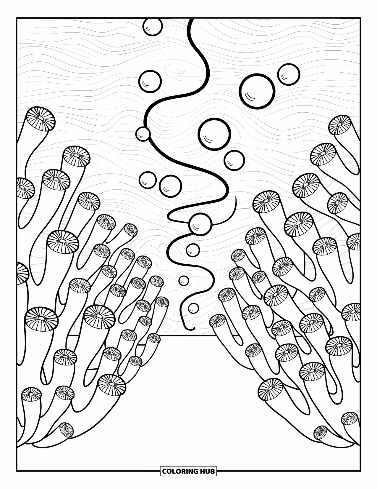 Coral Coloring Page for Adults: Flower-tipped coral branches with floating bubbles create a peaceful, balanced layout