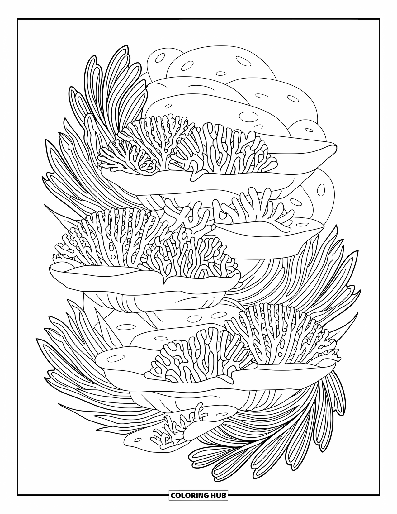 Coral Coloring Page for Adults: Layered corals with long leafy plants rest on smooth ocean rocks