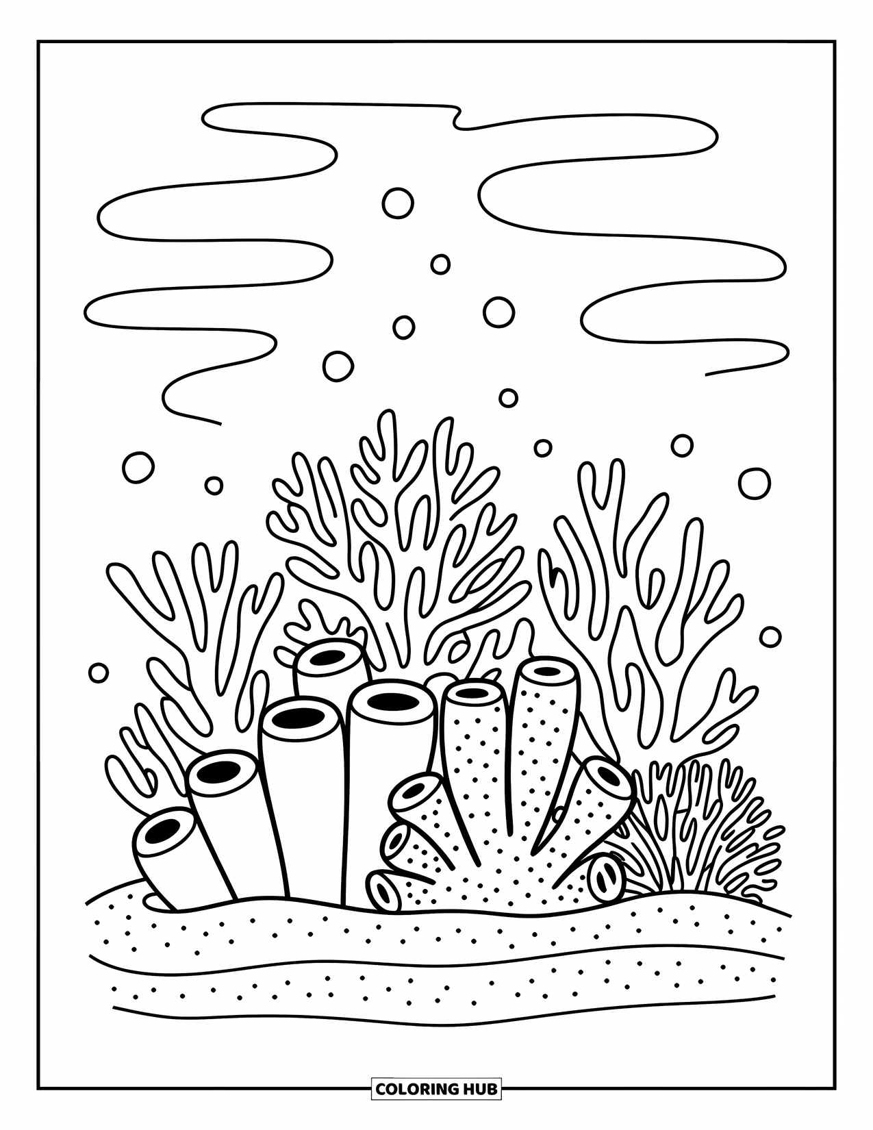 Coral Coloring Page for Adults: Tube, fan, and branching corals rest on soft sand with bubbles rising above