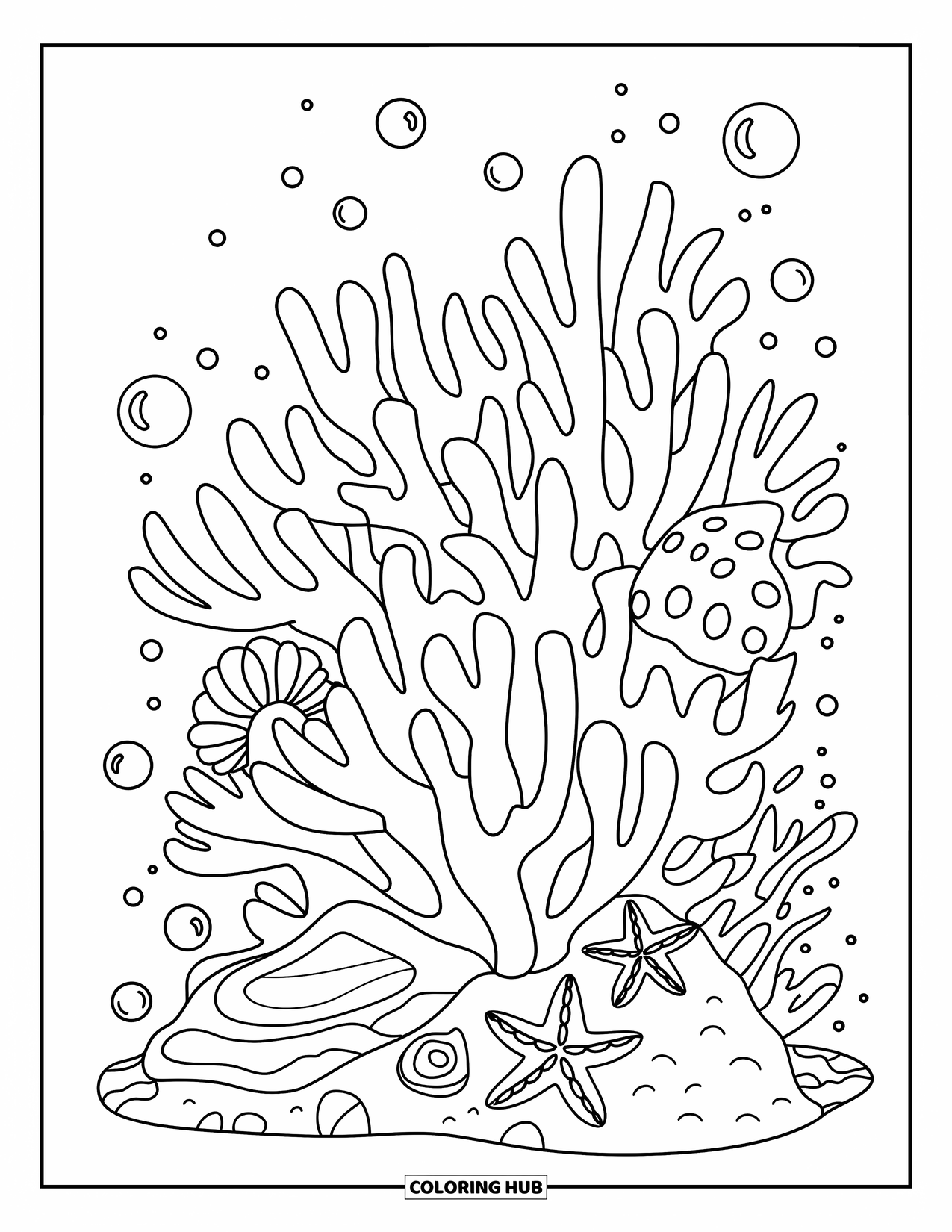 Coral Coloring Page for Kids: A clownfish in a coral cave is surrounded by fish and soft ocean waves