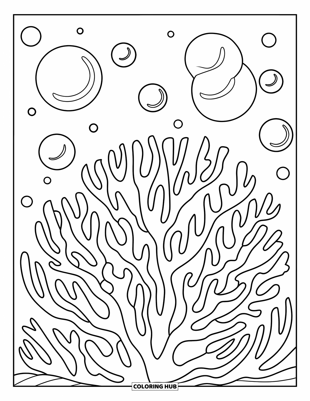 Coral Coloring Page for Kids: A coral branch with soft round bubbles rising above it