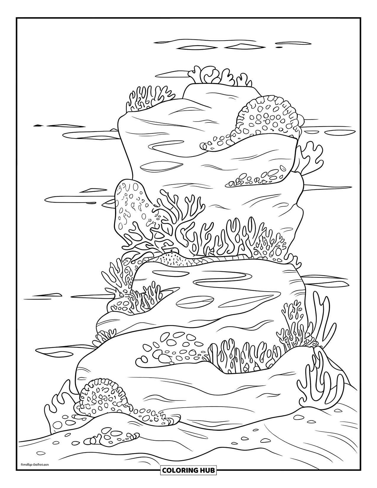 Coral Coloring Page for Kids: A coral-covered rock with algae and shells shows water movement through wavy lines