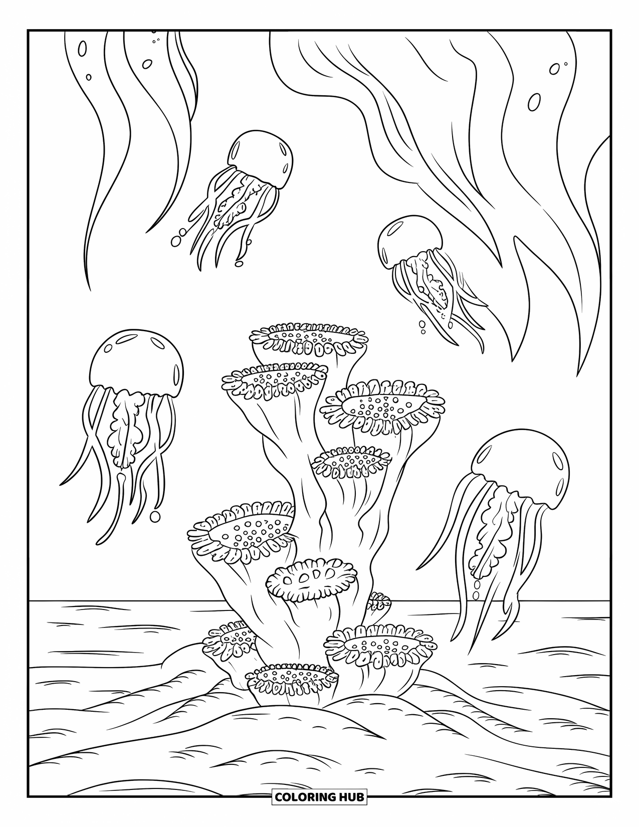 Coral Coloring Page for Kids: A coral tower with jellyfish and gentle waves forms a relaxing ocean view