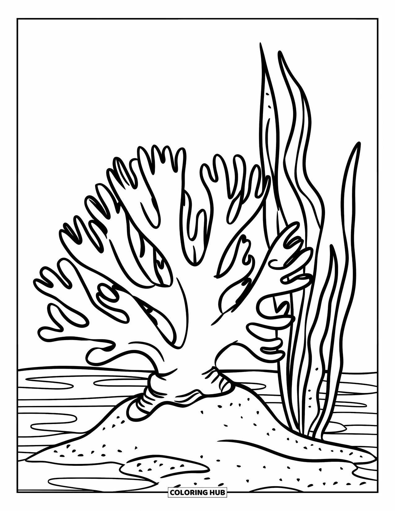Coral Coloring Page for Kids: A cute staghorn coral rises from sandy ground with seaweed swaying beside it