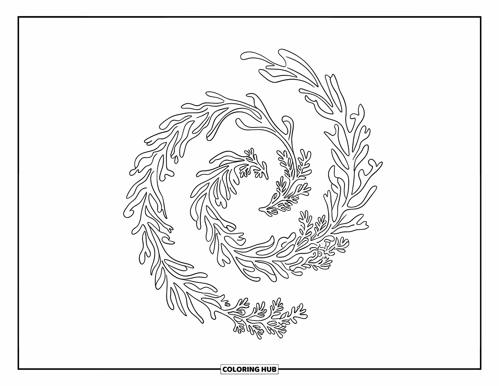 Coral Coloring Page for Kids: A spiral-shaped coral and seaweed layout with bold outlines and flowing lines