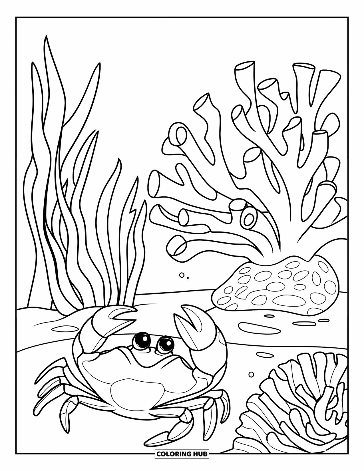 Coral Coloring Page for Kids: Starfish and bubble-filled coral patch with fun shapes for a sea-themed coloring