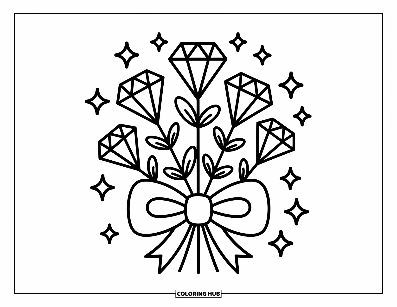 Diamond Coloring Page for Adults: A bouquet of diamond-shaped flowers tied with a big bow sparkles with fairy-like charm